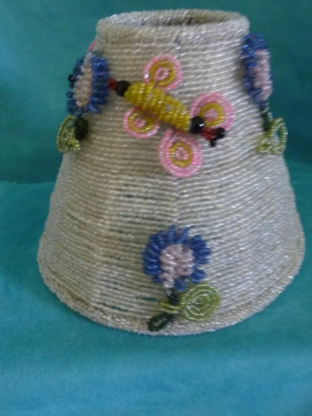 Vintage Seed Beaded 3D Floral Lamp Shade handmade wire metal Ornate